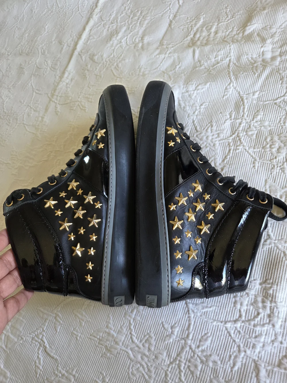 Jimmy Choo | Belgravia Black High-Top Sneakers with Gold Star Studs